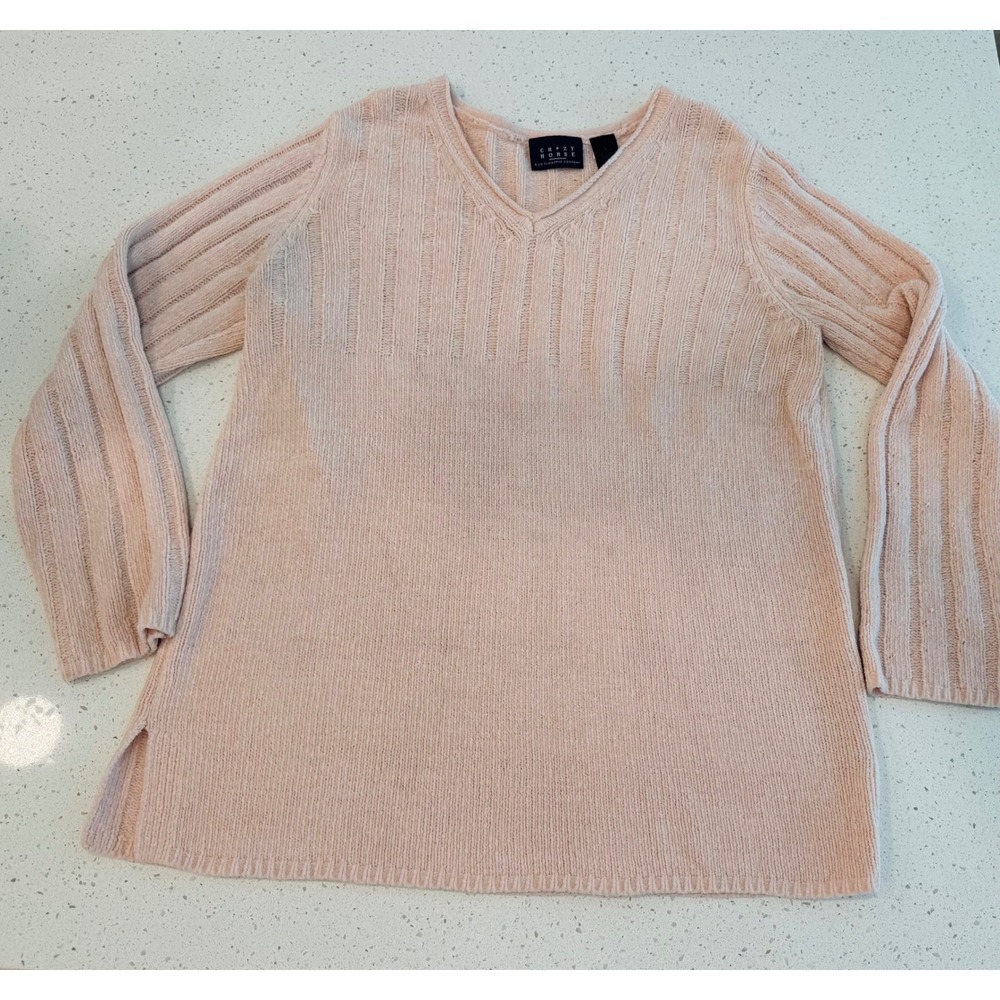 Crazy Horse Sweater Womens Large Pink V-Neck Excellent Classic Ribbed Knit
